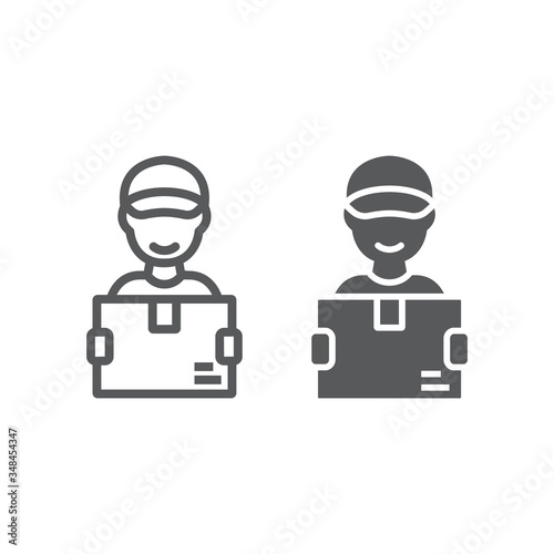 Delivery man line and glyph icon, courier and delivery, man holding box sign vector graphics, a linear icon on a white background, eps 10.