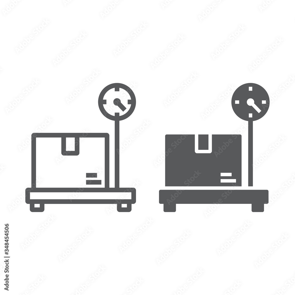 Box on storage scale line and glyph icon, logistic and delivery, platform scale sign vector graphics, a linear icon on a white background, eps 10. Box on storage scale line and glyph icon, logistic and delivery, platform scale sign vector graphics, a linear icon on a white background, eps 10.