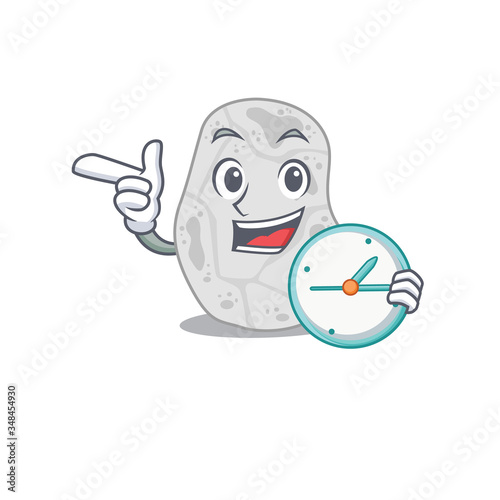 mascot design style of white planctomycetes standing with holding a clock