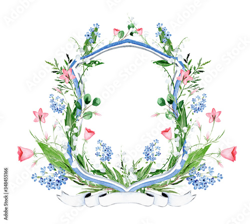 Watercolor floral crest. Lily of the valley and wild flowers crest.