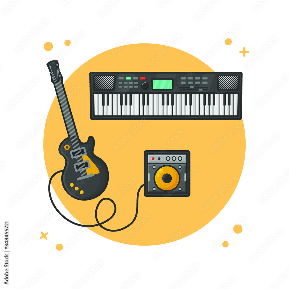 Obraz premium Bass Guitar and Piano Keyboard. Music Instrument Logo Vector Illustration 