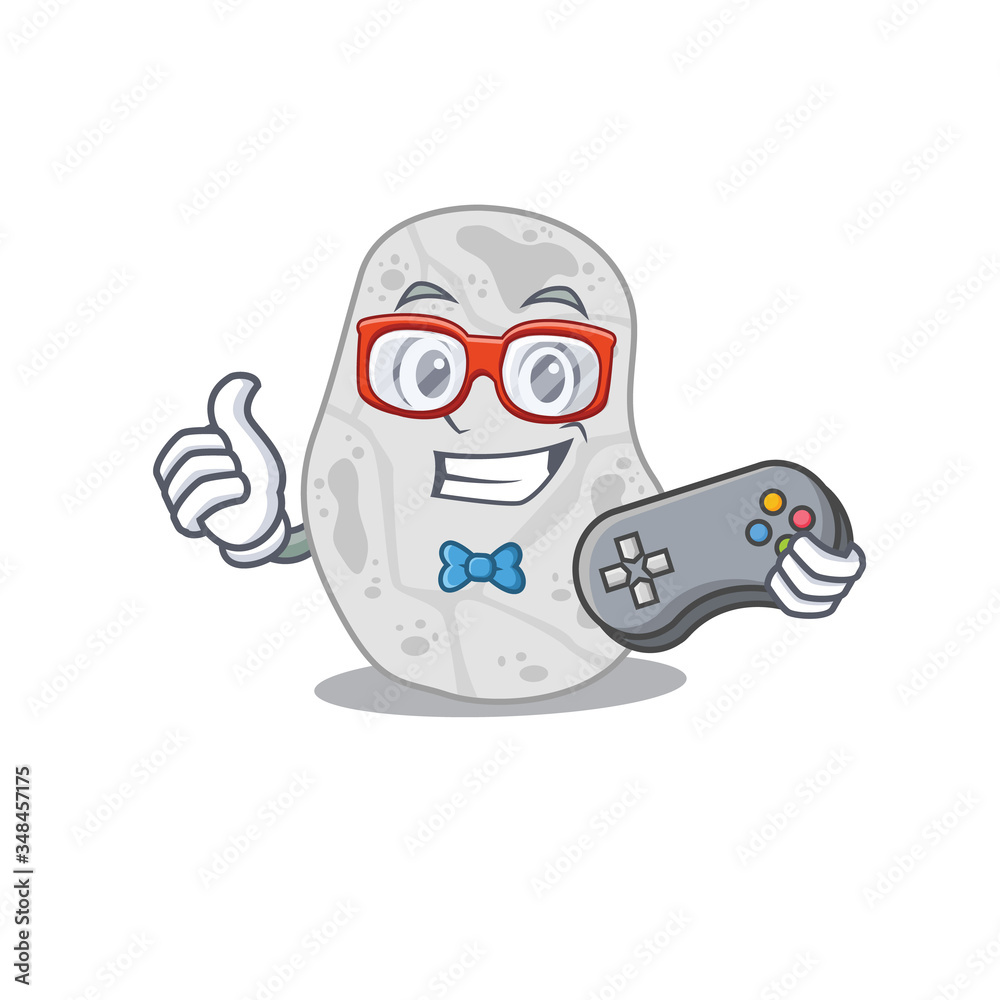 Mascot design style of white planctomycetes gamer playing with controller