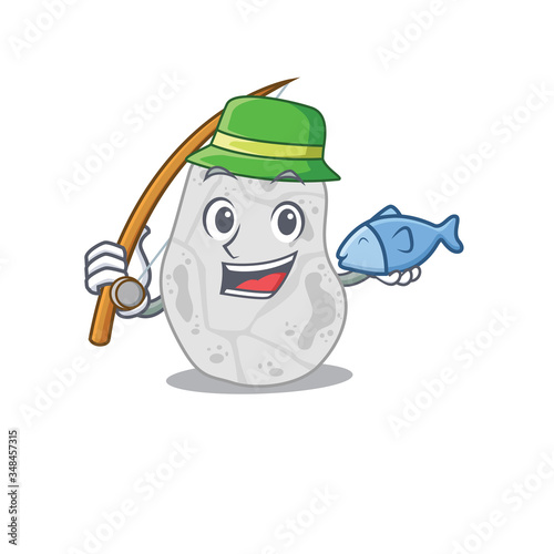 Cartoon design style of white planctomycetes goes to fishing