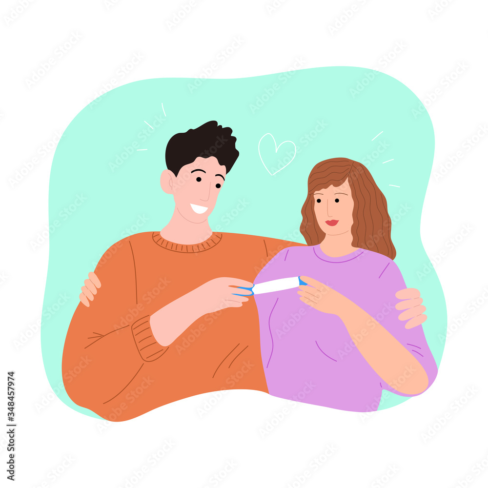 Happy hugging couple with a positive pregnancy test. Vector illustration in the flat cartoon style. Happy hugging couple with a positive pregnancy test. Vector illustration in the flat cartoon style.