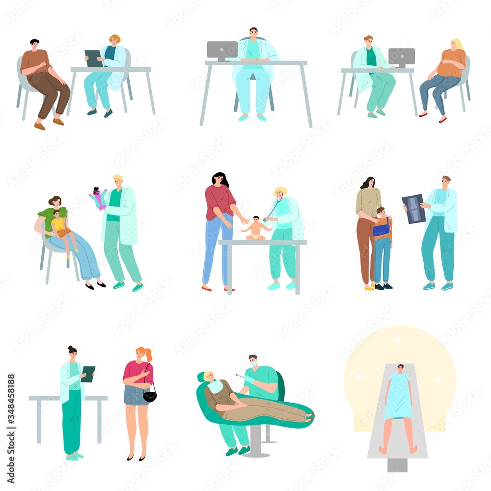 Set of patients visiting different doctors for diagnostic procedures and examination. Vector illustration in cartoon style.