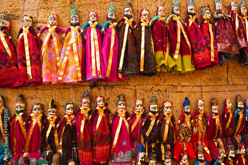 Colorful handmade traditional Rajasthani puppets for sale in Jaisalmer, Rajasthan, India.