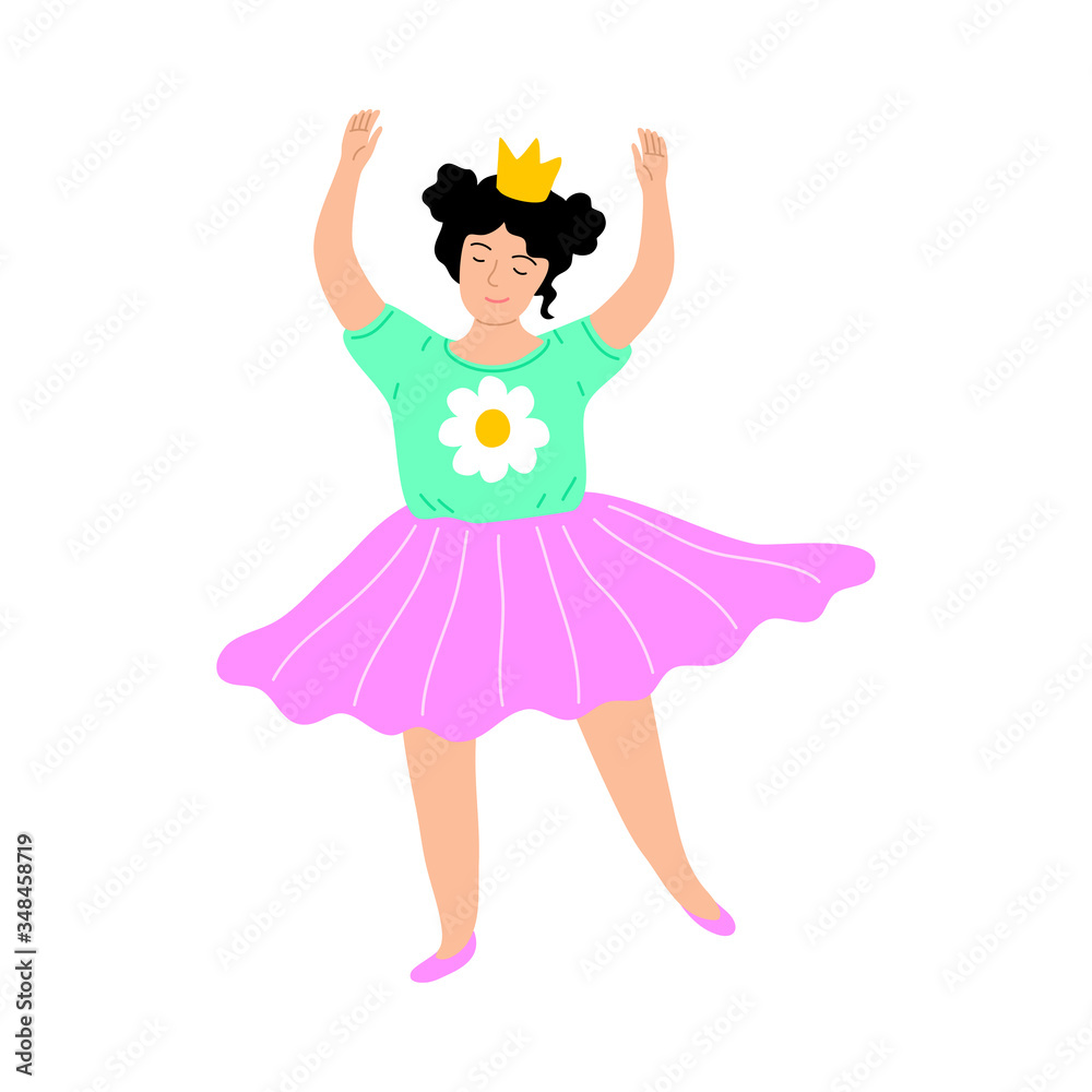 Cute smiling little girl with crown dancing in a pink skirt. Vector illustration in cartoon style. Cute smiling little girl with crown dancing in a pink skirt. Vector illustration in cartoon style.