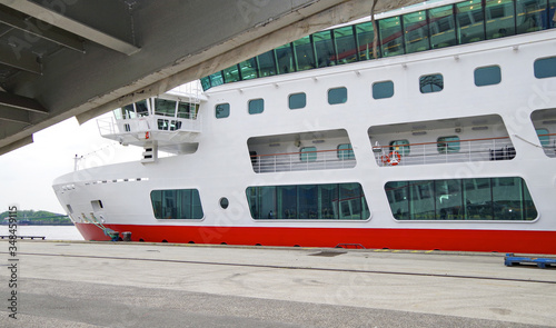 Modern Hurtigruten expedtion vessel or cruiseship or cruise ship MS Fram liner at Hafen City Cruise Terminal in Hamburg, Germany photo