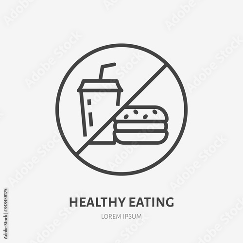 No fast food line icon, vector pictogram of unhealthy eating. Fastfood forbidden illustration, sign for diet