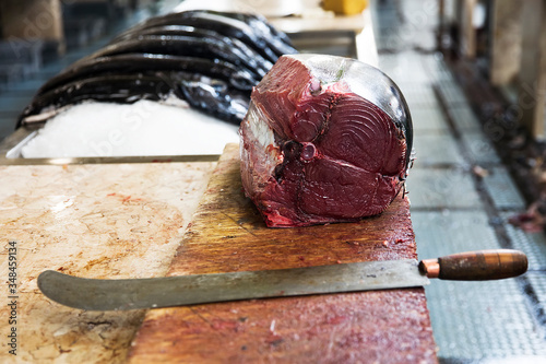 Tuna steaks at fish market