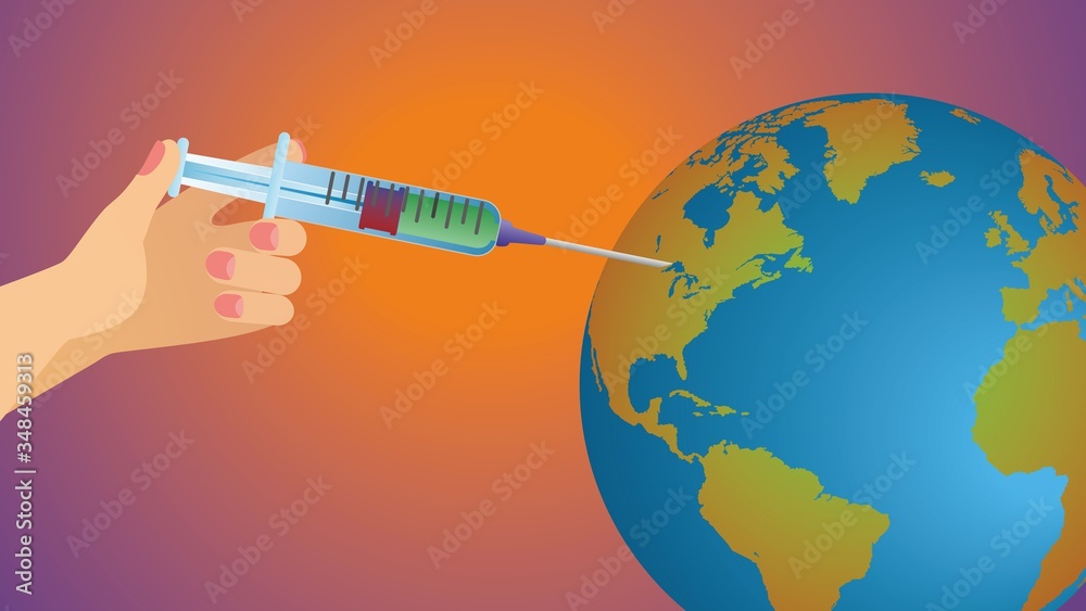 Fototapeta premium Globe and hand with syringe, vaccin. dimension 16:9. Vector illustration.