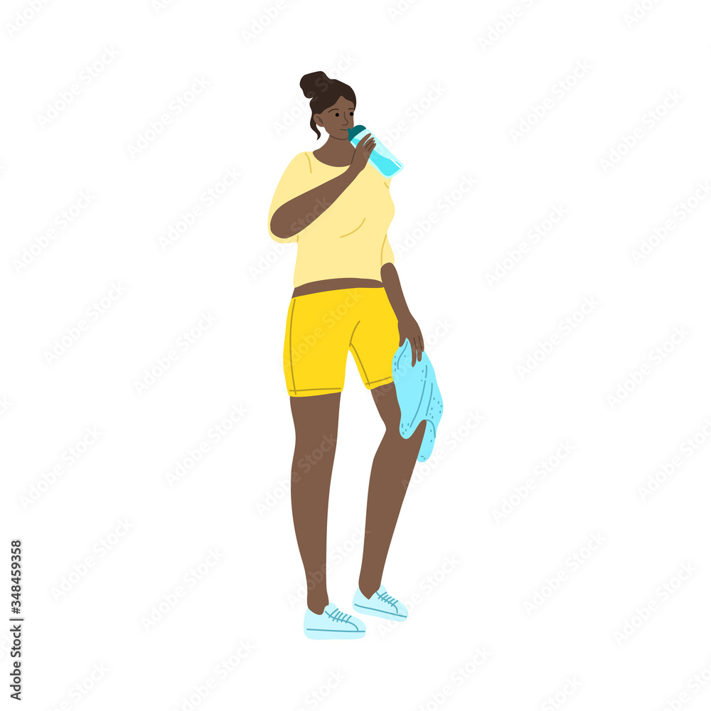 Fitness girl drinking water from the bottle after sport exercises. Vector illustration in cartoon style. Fitness girl drinking water from the bottle after sport exercises. Vector illustration in cartoon style.