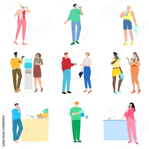 Set of different people drinking water in bottle, glass and cooler. Vector illustration in flat cartoon style.