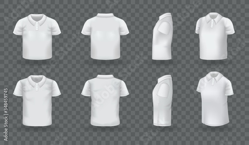 Realistic polo shirt men women set. White blank classic polo t-shirt mock up isolated on transparent dark background