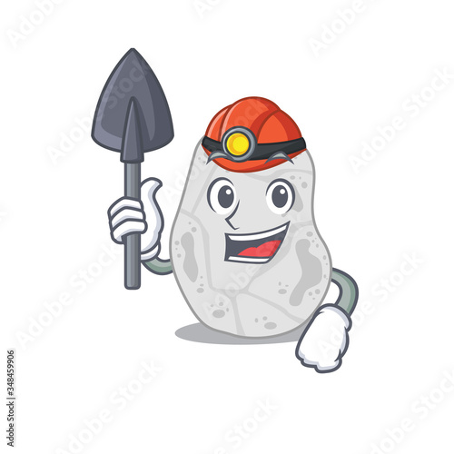 A cartoon picture of white planctomycetes miner with tool and helmet