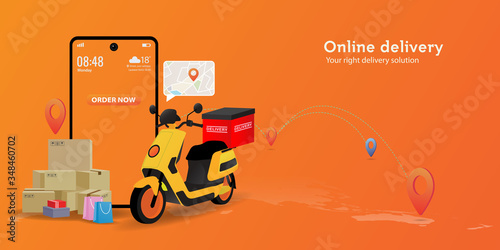 Online delivery service by scooter, perfect for landing page, delivery website, banner, background, application, poster,  on mobile and etc. Illustration