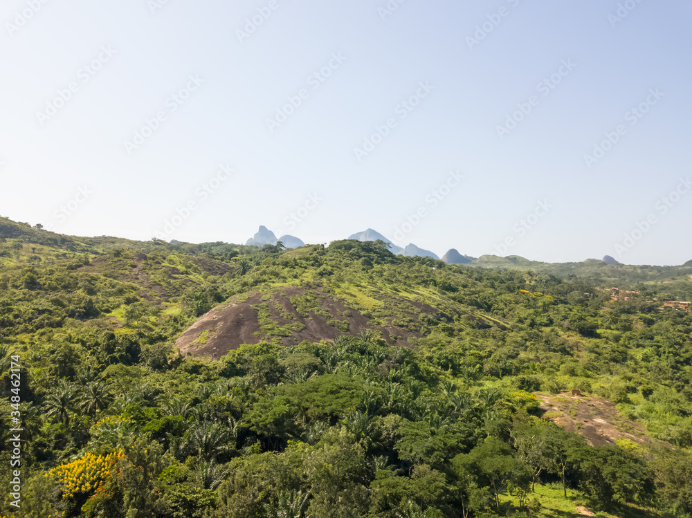 Aerial drone photography of a tropical landscape, with forest and mountains Kumbira forest reserve