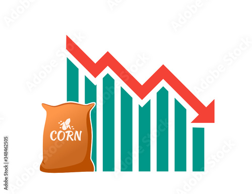 Maize or Corn Raw Staple Food Material Price Value Stock Market Demand Decrease Drop Fall Down Statistic Report with Graph Chart Diagram Illustration Vector. Can be Used for Web, Infographic & Print
