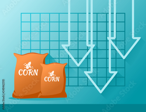 Maize or Corn Raw Staple Food Material Price Value Stock Market Demand Decrease Drop Fall Down Statistic Report with Graph Chart Diagram Illustration Vector. Can be Used for Web, Infographic & Print