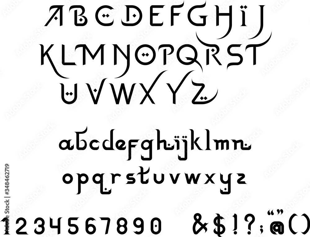 Arabic inspired alphabet with 0 - 9 numerals, A to Z capital letters, a to z small capital letters and common symbols. Suitable of artwork with Islamic celebration themes Arabic inspired alphabet with 0 - 9 numerals, A to Z capital letters, a to z small capital letters and common symbols. Suitable of artwork with Islamic celebration themes