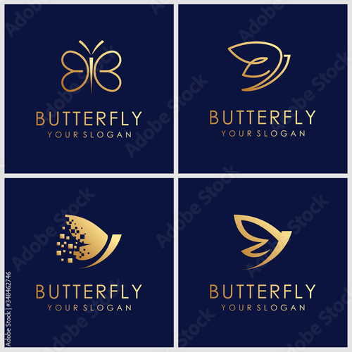 minimalist golden butterfly line art monogram shape logo. Beauty, luxury spa style. logo design, icon and business card.