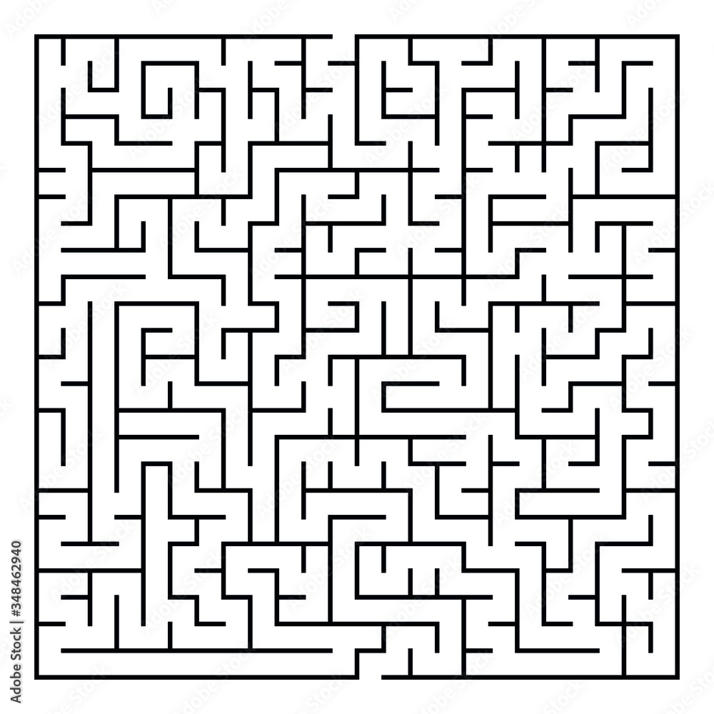 Maze. Education logic game labyrinth for kids. Find right way. Isolated simple square maze black line on white background. Vector illustration.