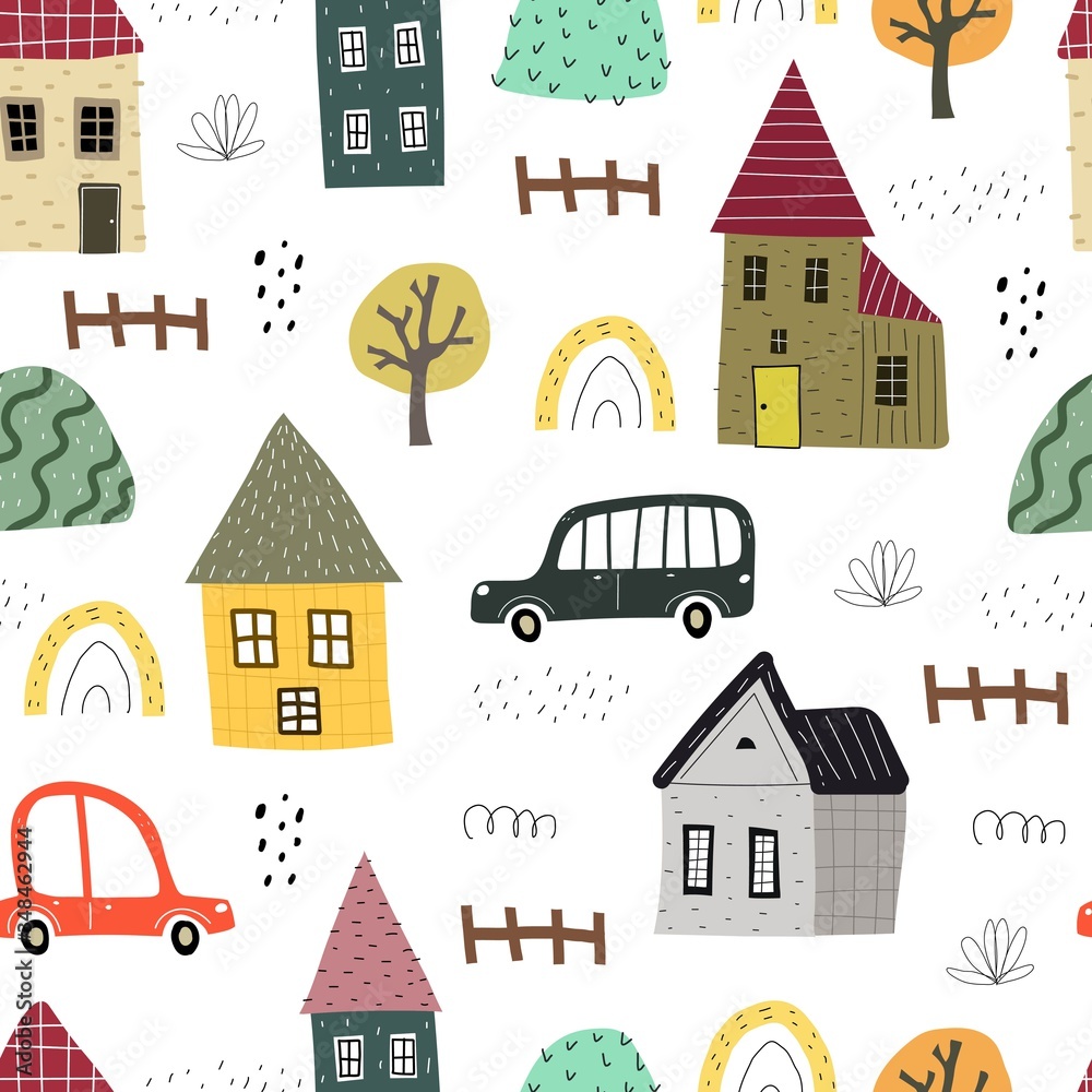 seamless pattern with cartoon houses, cars, trees, decor elements. colorful vector for kids, flat style. Baby design for fabric, textile, print, wrapper.