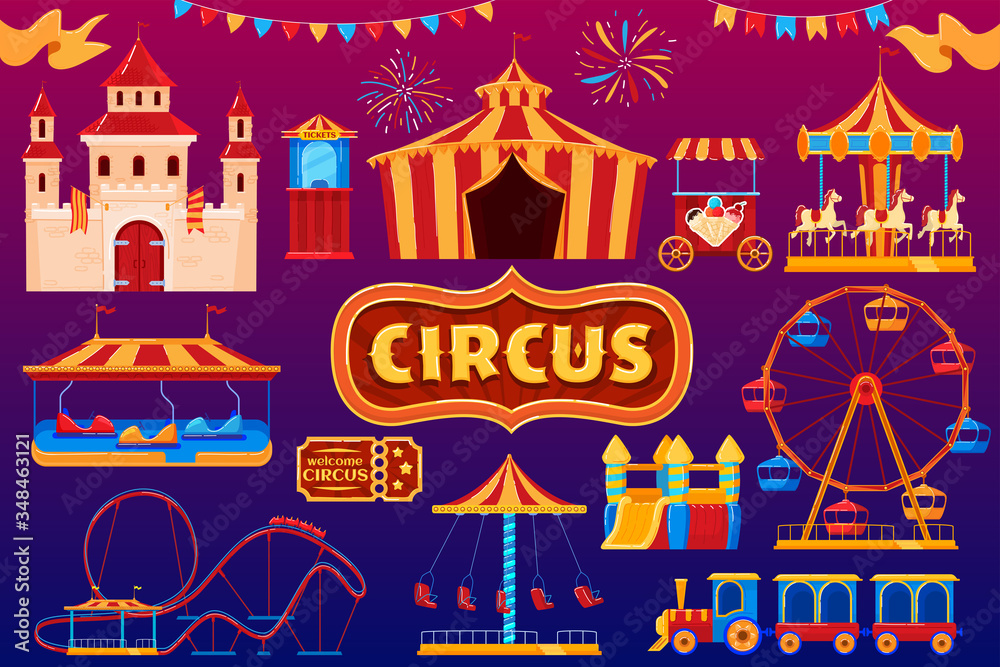 Circus icons, amusement park carnival, fairground festival isolated set, vector illustration. Funfair ticket, vintage marquee and carousel, collection of banners and icons. Roller coaster ferris wheel