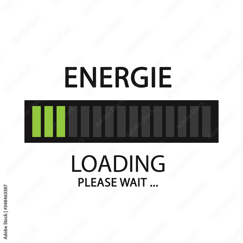 Energie en chargement. Batterie à plat. S'il-vous-plait patientez.  Illustration fatigue concept. Illustration Stock | Adobe Stock