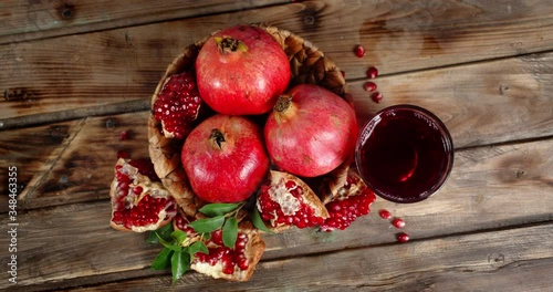 Grenades in basket and pomegranate juice slowly rotating.