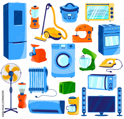 Home appliances, set of household electronics isolated on white, cartoon style vector illustration. House appliance and kitchen equipment, washing machine, microwave oven, vacuum cleaner and fridge