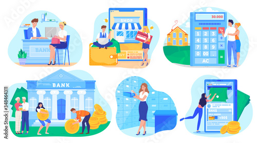 Banking concept, people cartoon characters saving money and shopping online, vector illustration. Bank account customer service, credit payment and financial marketing, mortgage loan investment online