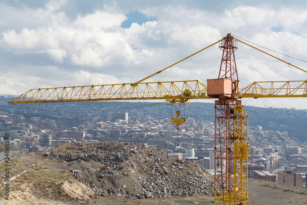 Tower crane with the background of Yerevan capital city, Armenia