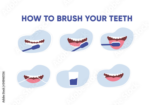 How to brush teeth correctly collection. Brushing teeth with toothbrush. Smiling mouth with tongue and healthy teeth. Oral hygiene and dental  procedures concept. Cute vector illustration in flat