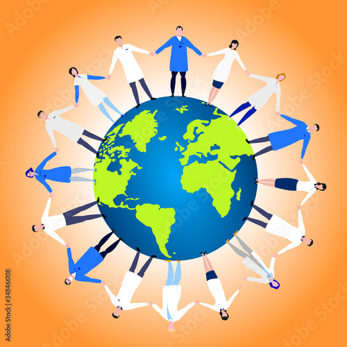 doctor and nurse hand in hand around the World.Various professionals.