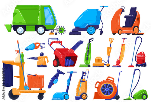 Cleaning equipment, maintenance service appliance, sweeper for house and street, vector illustration. Professional household machines isolated on white, clean set in cartoon style. Vacuum cleaner icon