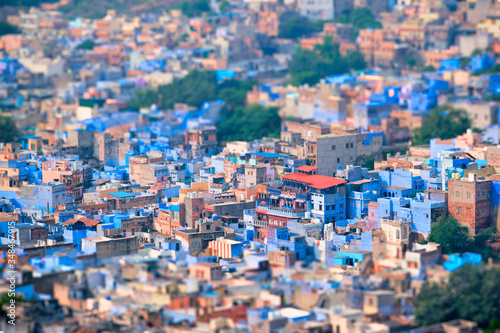 Aerial view of Jodhpur, also known as Blue City due to the vivid blue-painted Brahmin houses around Mehrangarh Fort. Jodphur, Rajasthan, India. Tilt shift miniature toy effect © Dmitry Rukhlenko