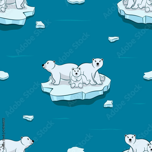 Seamless pattern of Polar Bear family, Isolated white bears sitting on icebergs at Arctic. Illustration great for wallpaper, textile and texture design. Kids design, fabric, wrapping, apparel.