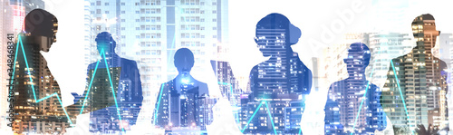 Forex trading. Double exposure of business people and cityscape, banner design