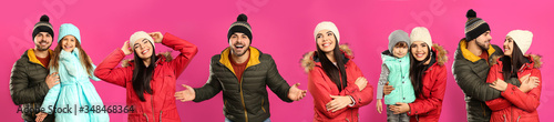 Collage with photos of people wearing warm clothes on pink background, banner design. Winter vacation