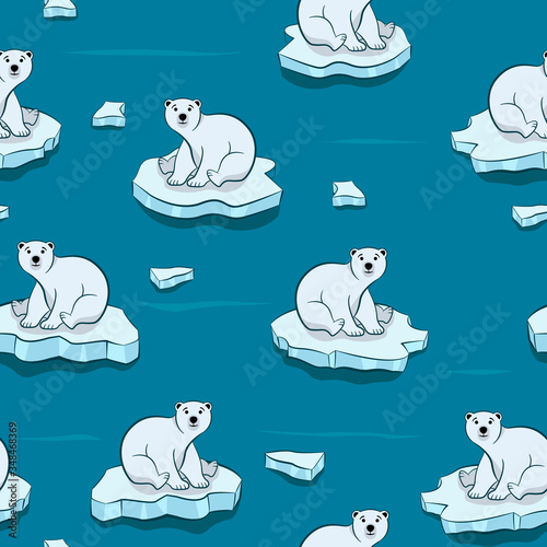 Seamless pattern of Polar Bear, Isolated white bears sitting on icebergs at Arctic. Illustration great for wallpaper, textile and texture design. Kids design, fabric, wrapping, apparel.
