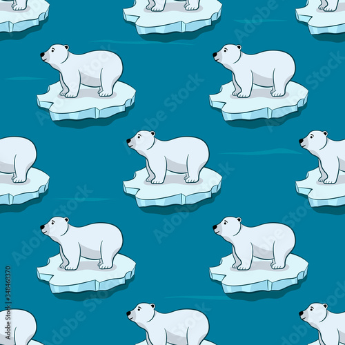 Seamless pattern of Polar Bear, Isolated white bears sitting on icebergs at Arctic. Illustration great for wallpaper, textile and texture design. Kids design, fabric, wrapping, apparel.