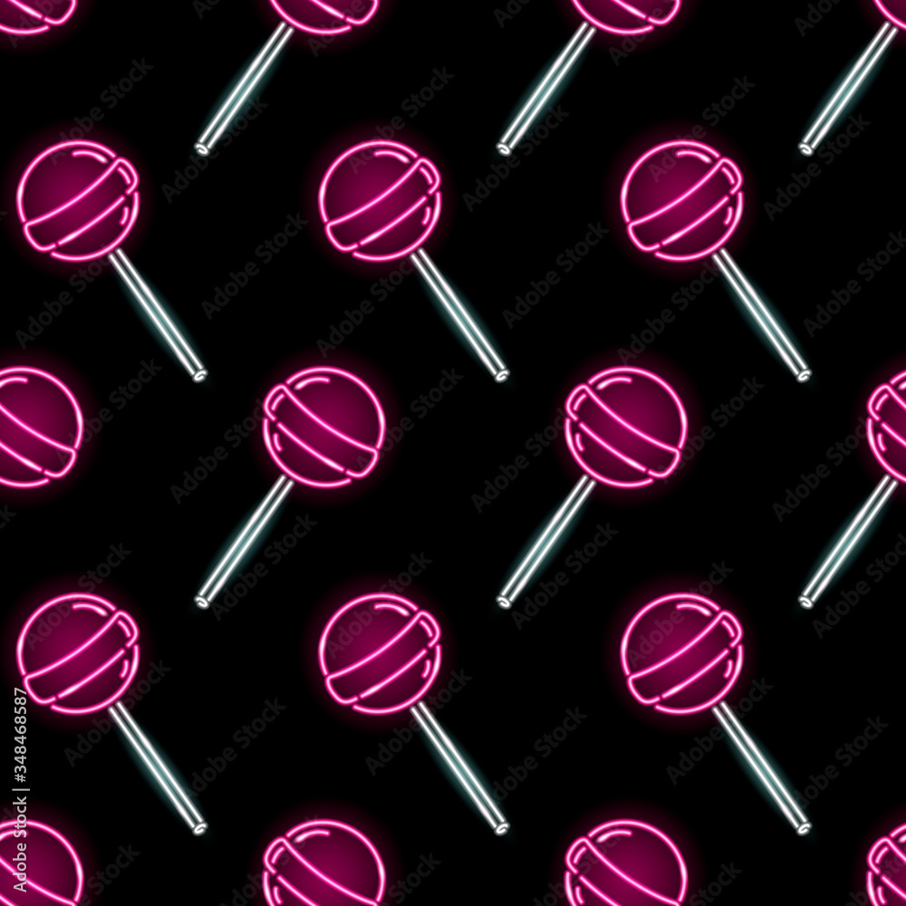 Seamless pattern with neon icons of lollipop on black background. Sweets, candy, girly concept. Vector 10 EPS illustration.