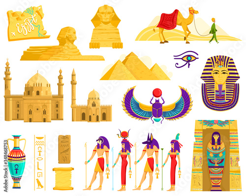 Symbols of ancient Egypt, architecture and archeology landmarks isolated on white, vector illustration. Egyptian pyramids, sphinx, pharaoh statue and mummy. Travel destination, history and culture set