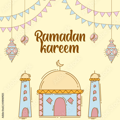Ramadan kareem background with hand drawn doodle of islamic ornament, mosque, lantern, and garlands. Greeting card for islamic holy month festival, ramadan mubarak.