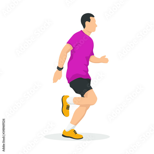 Running man in modern style vector illustration, healthy person simple flat shadow isolated on white background.