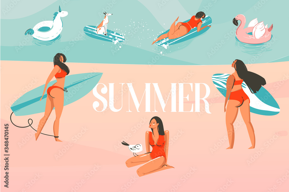 Hand drawn vector stock abstract graphic illustration with a sunbathing people group,surfing on ocean beach landscape and Summer typography text isolated on colour background