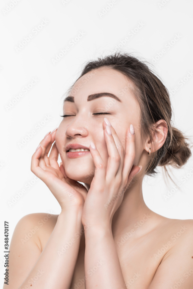 Beautiful skin care asian woman enjoy and relax isolated on white background. Beautiful skin care asian woman enjoy and relax isolated on white background.