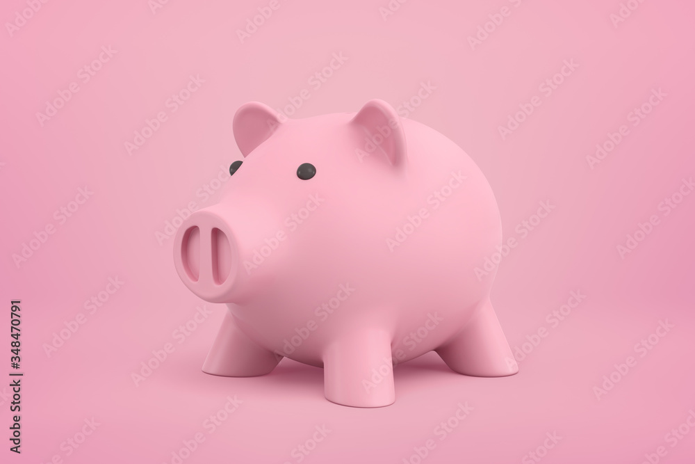 3d close-up rendering of pink piggy bank standing on background of the same color.