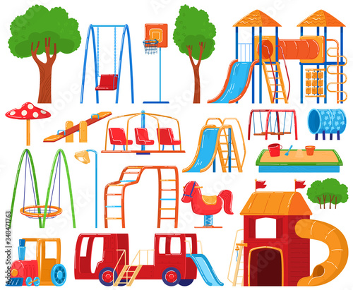 Playground collection, set of icons isolated on white, kindergarten children equipment, vector illustration. Colorful icons of slide, swing, carousel, sandbox and seesaw. Outdoor playground for kids
